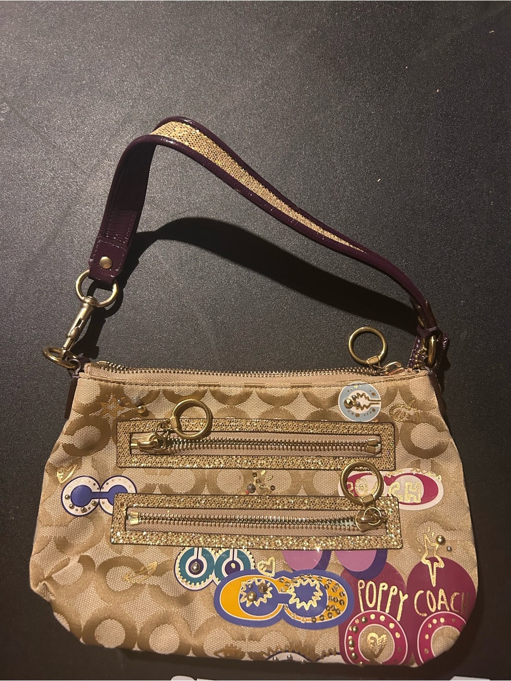 Coach Beige Signature Wristlet with Multicolor Poppy Accents
